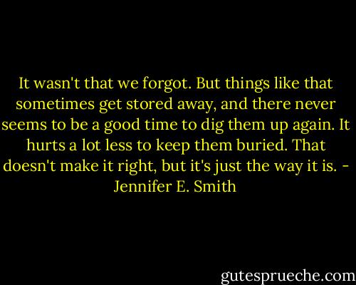 It wasn't that we forgot. But things like that sometimes get stored away, and there never seems to be a good time to dig them up again. It hurts a lot less to keep them buried. That doesn't make it right, but it's just the way it is. - Jennifer E. Smith