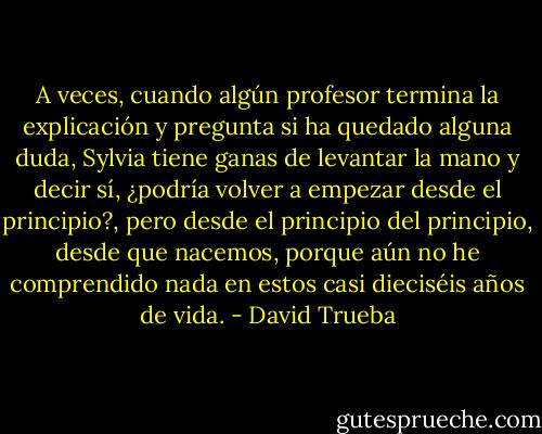 A veces, cuando algún profesor termina la explicación y pregunta si ha quedado alguna duda, Sylvia tiene ganas de levantar la mano y decir sí, ¿podría volver a empezar desde el principio?, pero desde el principio del principio, desde que nacemos, porque aún no he comprendido nada en estos casi dieciséis años de vida. - David Trueba