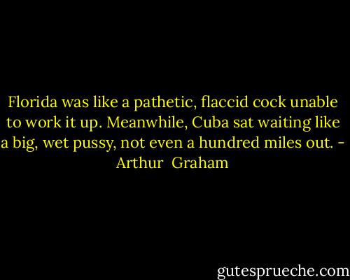 Florida was like a pathetic, flaccid cock unable to<br />work it up. Meanwhile, Cuba sat waiting like a big, wet<br />pussy, not even a hundred miles out. - Arthur  Graham