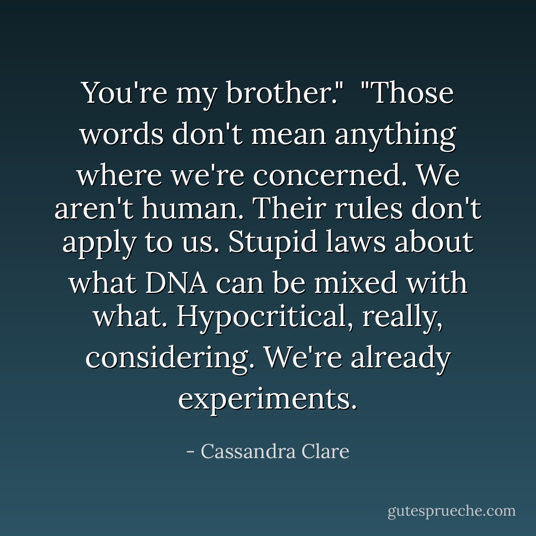 You're my brother."<br /><br />"Those words don't mean anything where we're concerned. We aren't human. Their rules don't apply to us. Stupid laws about what DNA can be mixed with what. Hypocritical, really, considering. We're already experiments. - Cassandra Clare