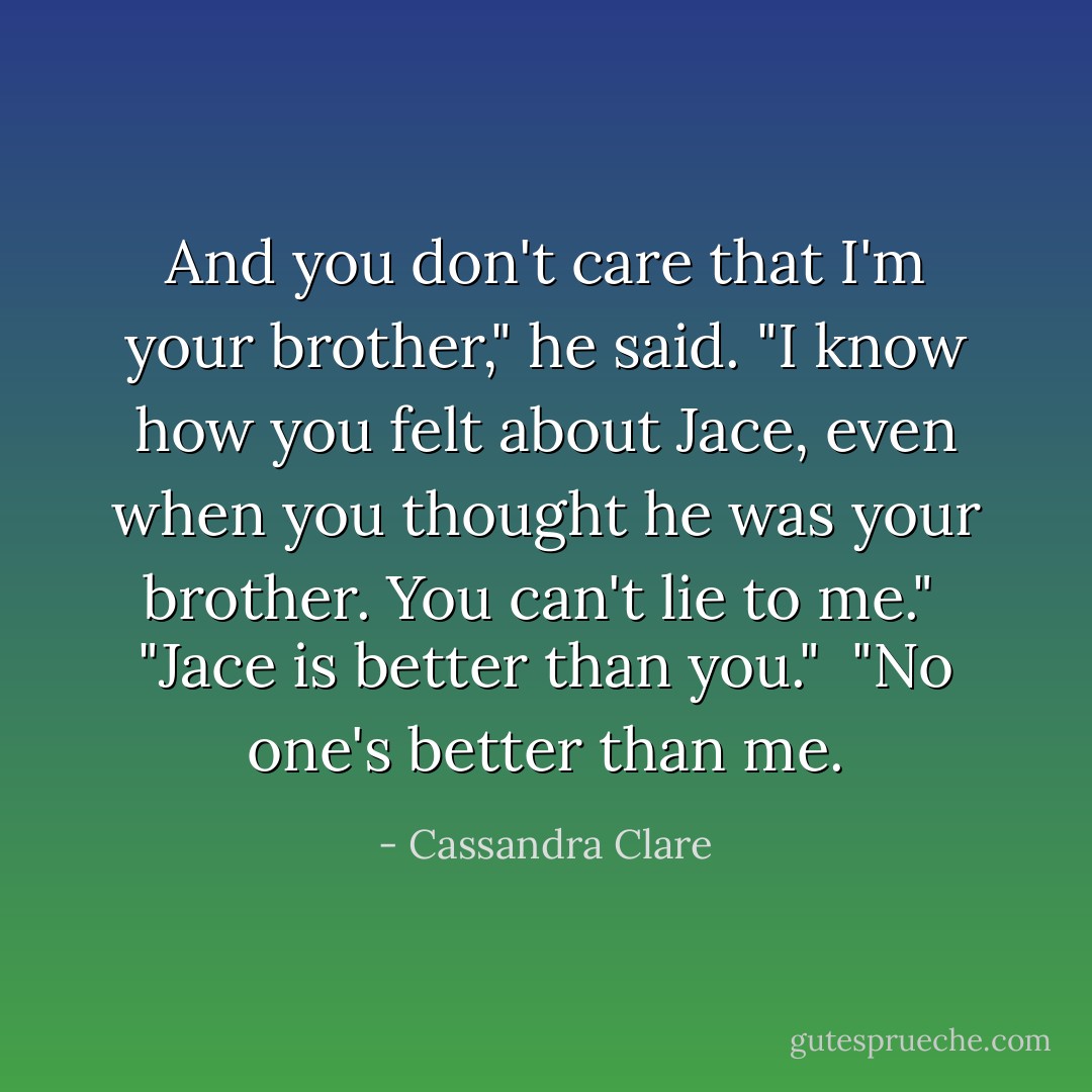 And you don't care that I'm your brother," he said. "I know how you felt about Jace, even when you thought he was your brother. You can't lie to me."<br /><br />"Jace is better than you."<br /><br />"No one's better than me. - Cassandra Clare