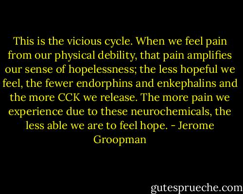 This is the vicious cycle. When we feel pain from our physical debility, that pain amplifies our sense of hopelessness; the less hopeful we feel, the fewer endorphins and enkephalins and the more CCK we release. The more pain we experience due to these neurochemicals, the less able we are to feel hope. - Jerome Groopman