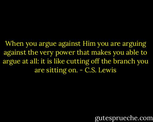 When you argue against Him you are arguing against the very power that makes you able to argue at all: it is like cutting off the branch you are sitting on. - C.S. Lewis