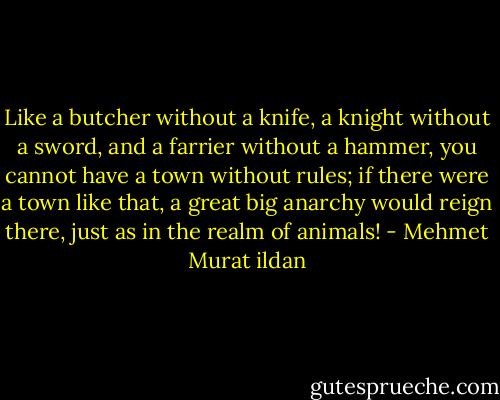 Like a butcher without a knife, a knight without a sword, and a farrier without a hammer, you cannot have a town without rules; if there were a town like that, a great big anarchy would reign there, just as in the realm of animals! - Mehmet Murat ildan