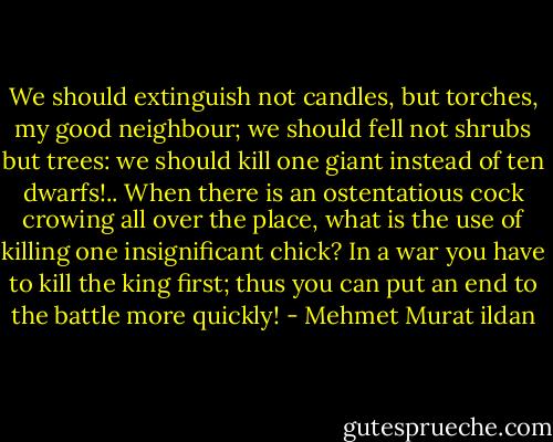We should extinguish not candles, but torches, my good neighbour; we should fell not shrubs but trees: we should kill one giant instead of ten dwarfs!.. When there is an ostentatious cock crowing all over the place, what is the use of killing one insignificant chick? In a war you have to kill the king first; thus you can put an end to the battle more quickly! - Mehmet Murat ildan