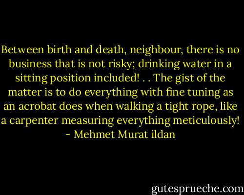 Between birth and death, neighbour, there is no business that is not risky; drinking water in a sitting position included! . . The gist of the matter is to do everything with fine tuning as an acrobat does when walking a tight rope, like a carpenter measuring everything meticulously! - Mehmet Murat ildan