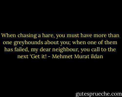 When chasing a hare, you must have more than one greyhounds about you; when one of them has failed, my dear neighbour, you call to the next ‘Get it! - Mehmet Murat ildan