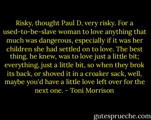 Risky, thought Paul D, very risky. For a used-to-be-slave woman to love anything that much was dangerous, especially if it was her children she had settled on to love. The best thing, he knew, was to love just a little bit; everything, just a little bit, so when they brok its back, or shoved it in a croaker sack, well, maybe you'd have a little love left over for the next one. - Toni Morrison