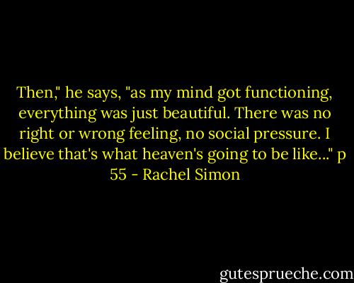 Then," he says, "as my mind got functioning, everything was just beautiful. There was no right or wrong feeling, no social pressure. I believe that's what heaven's going to be like..."<br />p 55 - Rachel Simon