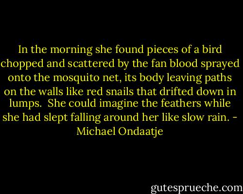 In the morning she found pieces of a bird<br />chopped and scattered by the fan<br />blood sprayed onto the mosquito net,<br />its body leaving paths on the walls<br />like red snails that drifted down in lumps.<br /><br />She could imagine the feathers<br />while she had slept<br />falling around her<br />like slow rain. - Michael Ondaatje