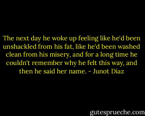 The next day he woke up feeling like he'd been unshackled from his fat, like he'd been washed clean from his misery, and for a long time he couldn't remember why he felt this way, and then he said her name. - Junot Díaz
