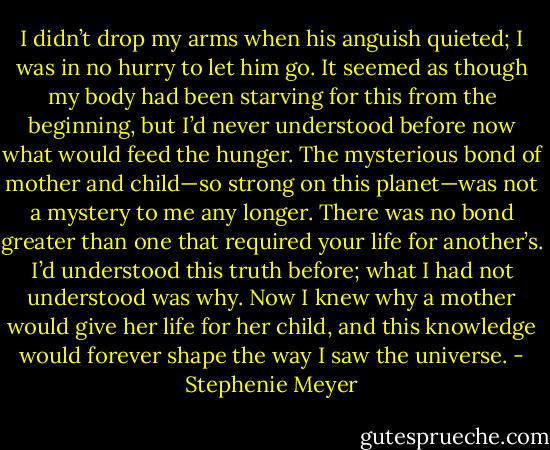 I didn’t drop my arms when his anguish quieted; I was in no hurry to let him go. It seemed as though my body had been starving for this from the beginning, but I’d never understood before now what would feed the hunger. The mysterious bond of mother and child—so strong on this planet—was not a mystery to me any longer. There was no bond greater than one that required your life for another’s. I’d understood this truth before; what I had not understood was why. Now I knew why a mother would give her life for her child, and this knowledge would forever shape the way I saw the universe. - Stephenie Meyer