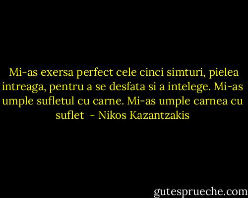  Mi-as exersa perfect cele cinci simturi, pielea intreaga, pentru a se desfata si a intelege. Mi-as umple sufletul cu carne. Mi-as umple carnea cu suflet  - Nikos Kazantzakis