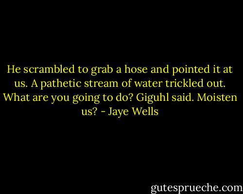 He scrambled to grab a hose and pointed it at us. A pathetic stream of water trickled out.<br />What are you going to do? Giguhl said. Moisten us? - Jaye Wells
