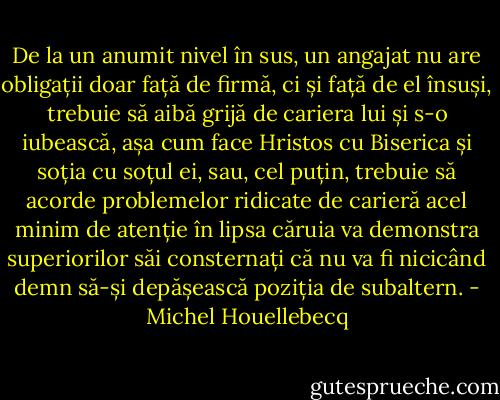 De la un anumit nivel în sus, un angajat nu are obligații doar față de firmă, ci și față de el însuși, trebuie să aibă grijă de cariera lui și s-o iubească, așa cum face Hristos cu Biserica și soția cu soțul ei, sau, cel puțin, trebuie să acorde problemelor ridicate de carieră acel minim de atenție în lipsa căruia va demonstra superiorilor săi consternați că nu va fi nicicând demn să-și depășească poziția de subaltern. - Michel Houellebecq