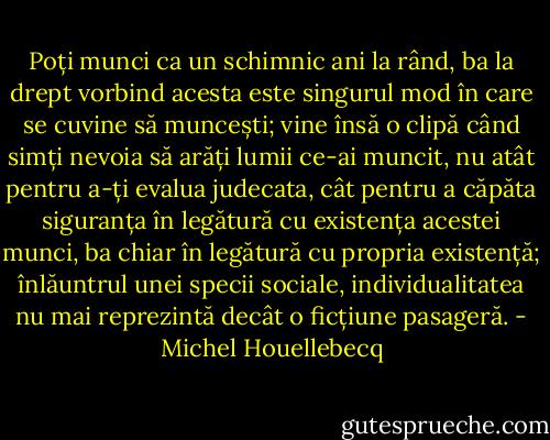 Poți munci ca un schimnic ani la rând, ba la drept vorbind acesta este singurul mod în care se cuvine să muncești; vine însă o clipă când simți nevoia să arăți lumii ce-ai muncit, nu atât pentru a-ți evalua judecata, cât pentru a căpăta siguranța în legătură cu existența acestei munci, ba chiar în legătură cu propria existență; înlăuntrul unei specii sociale, individualitatea nu mai reprezintă decât o ficțiune pasageră. - Michel Houellebecq