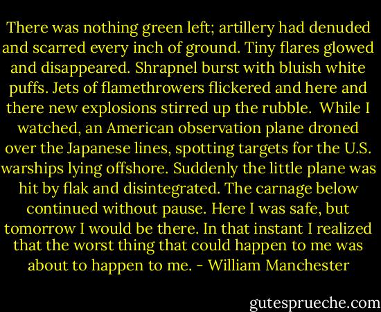 There was nothing green left; artillery had denuded and scarred every inch of ground. Tiny flares glowed and disappeared. Shrapnel burst with bluish white puffs. Jets of flamethrowers flickered and here and there new explosions stirred up the rubble. <br />While I watched, an American observation plane droned over the Japanese lines, spotting targets for the U.S. warships lying offshore. Suddenly the little plane was hit by flak and disintegrated. The carnage below continued without pause.<br />Here I was safe, but tomorrow I would be there. In that instant I realized that the worst thing that could happen to me was about to happen to me. - William Manchester