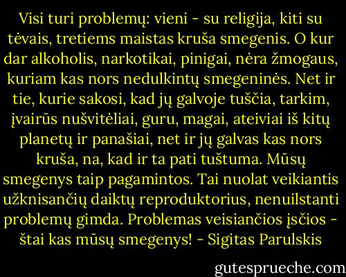 Visi turi problemų: vieni - su religija, kiti su tėvais, tretiems maistas kruša smegenis. O kur dar alkoholis, narkotikai, pinigai, nėra žmogaus, kuriam kas nors nedulkintų smegeninės. Net ir tie, kurie sakosi, kad jų galvoje tuščia, tarkim, įvairūs nušvitėliai, guru, magai, ateiviai iš kitų planetų ir panašiai, net ir jų galvas kas nors kruša, na, kad ir ta pati tuštuma. Mūsų smegenys taip pagamintos. Tai nuolat veikiantis užknisančių daiktų reproduktorius, nenuilstanti problemų gimda. Problemas veisiančios įsčios - štai kas mūsų smegenys! - Sigitas Parulskis