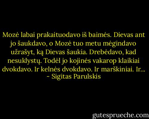 Mozė labai prakaituodavo iš baimės. Dievas ant jo šaukdavo, o Mozė tuo metu mėgindavo užrašyt, ką Dievas šaukia. Drebėdavo, kad nesuklystų. Todėl jo kojinės vakarop klaikiai dvokdavo. Ir kelnės dvokdavo. Ir marškiniai. Ir... - Sigitas Parulskis