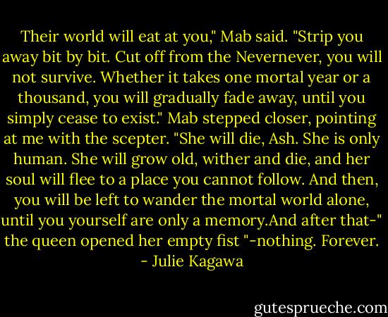 Their world will eat at you," Mab said. "Strip you away bit by bit. Cut off from the Nevernever, you will not survive. Whether it takes one mortal year or a thousand, you will gradually fade away, until you simply cease to exist." Mab stepped closer, pointing at me with the scepter. "She will die, Ash. She is only human. She will grow old, wither and die, and her soul will flee to a place you cannot follow. And then, you will be left to wander the mortal world alone, until you yourself are only a memory.And after that-" the queen opened her empty fist "-nothing. Forever. - Julie Kagawa