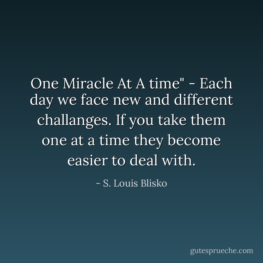 One Miracle At A time" - Each day we face new and different challanges. If you take them one at a time they become easier to deal with. - S. Louis Blisko