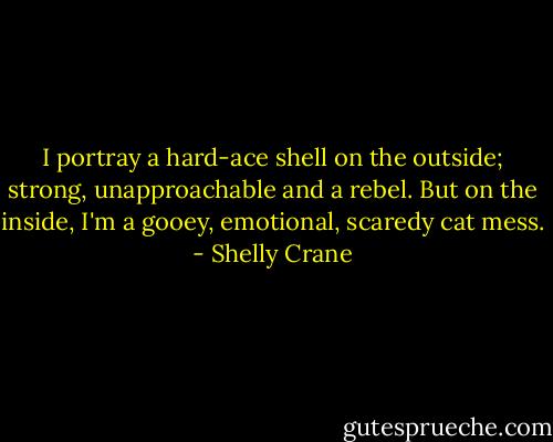 I portray a hard-ace shell on the outside; strong, unapproachable and a rebel. But on the inside, I'm a gooey, emotional, scaredy cat mess. - Shelly Crane