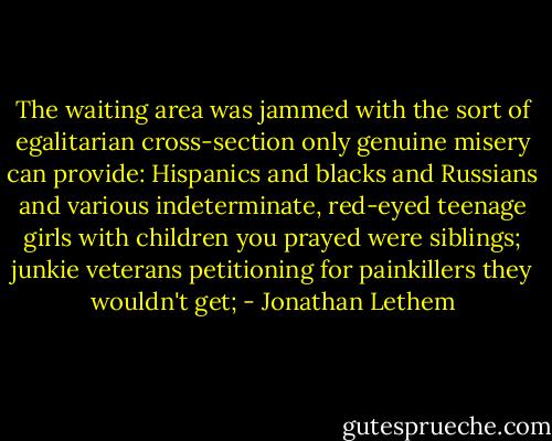 The waiting area was jammed with the sort of egalitarian cross-section only genuine misery can provide: Hispanics and blacks and Russians and various indeterminate, red-eyed teenage girls with children you prayed were siblings; junkie veterans petitioning for painkillers they wouldn't get; - Jonathan Lethem