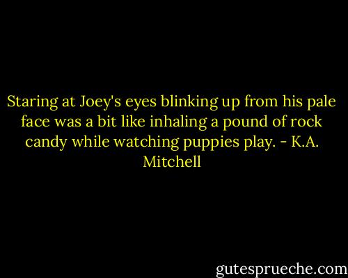 Staring at Joey's eyes blinking up from his pale face was a bit like inhaling a pound of rock candy while watching puppies play. - K.A. Mitchell