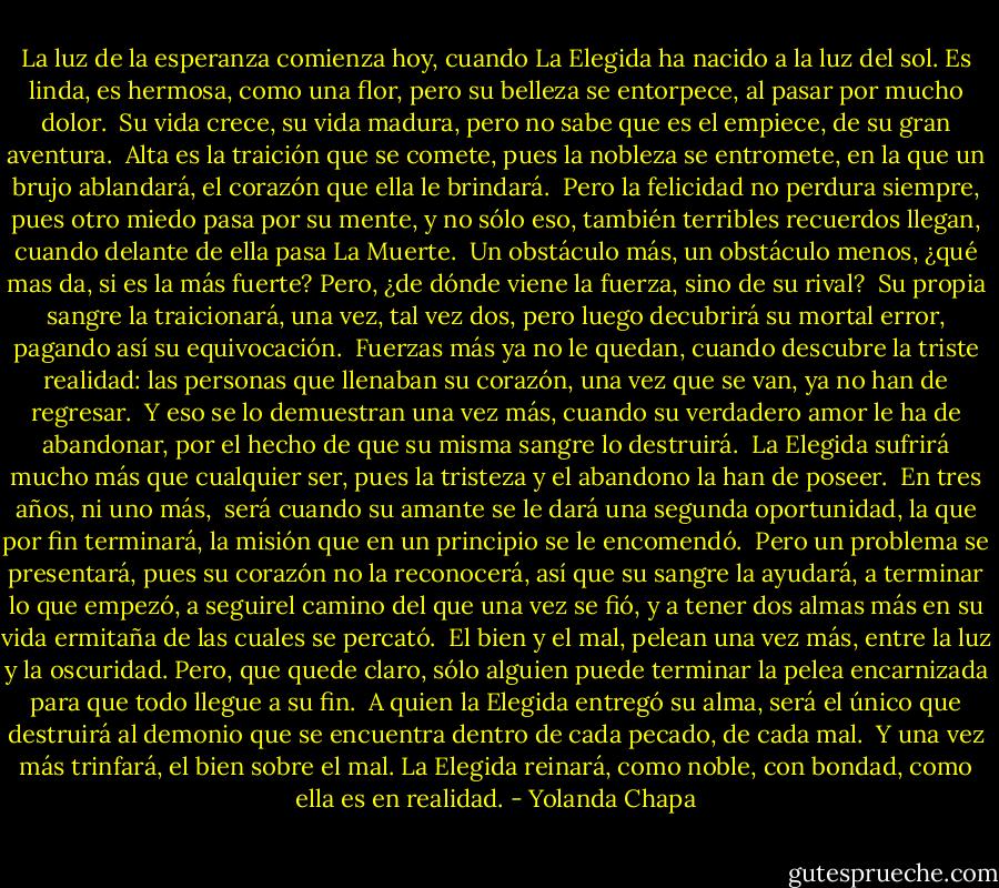 La luz de la esperanza comienza hoy,<br />cuando La Elegida ha nacido a la luz del sol.<br />Es linda, es hermosa, como una flor,<br />pero su belleza se entorpece,<br />al pasar por mucho dolor.<br /><br />Su vida crece, su vida madura,<br />pero no sabe que es el empiece,<br />de su gran aventura.<br /><br />Alta es la traición que se comete,<br />pues la nobleza se entromete,<br />en la que un brujo ablandará,<br />el corazón que ella le brindará.<br /><br />Pero la felicidad no perdura siempre,<br />pues otro miedo pasa por su mente,<br />y no sólo eso, también terribles recuerdos llegan,<br />cuando delante de ella pasa La Muerte.<br /><br />Un obstáculo más, un obstáculo menos,<br />¿qué mas da, si es la más fuerte?<br />Pero, ¿de dónde viene la fuerza, sino de su rival?<br /><br />Su propia sangre la traicionará,<br />una vez, tal vez dos,<br />pero luego decubrirá su mortal error,<br />pagando así su equivocación.<br /><br />Fuerzas más ya no le quedan,<br />cuando descubre la triste realidad:<br />las personas que llenaban su corazón,<br />una vez que se van, ya no han de regresar.<br /><br />Y eso se lo demuestran una vez más,<br />cuando su verdadero amor le ha de abandonar,<br />por el hecho de que su misma sangre lo destruirá.<br /><br />La Elegida sufrirá mucho más que cualquier ser,<br />pues la tristeza y el abandono la han de poseer.<br /><br />En tres años, ni uno más, <br />será cuando su amante se le dará<br />una segunda oportunidad,<br />la que por fin terminará,<br />la misión que en un principio se le encomendó.<br /><br />Pero un problema se presentará,<br />pues su corazón no la reconocerá,<br />así que su sangre la ayudará,<br />a terminar lo que empezó,<br />a seguirel camino del que una vez se fió,<br />y a tener dos almas más en su vida ermitaña<br />de las cuales se percató.<br /><br />El bien y el mal,<br />pelean una vez más,<br />entre la luz y la oscuridad.<br />Pero, que quede claro, sólo alguien puede terminar<br />la pelea encarnizada<br />para que todo llegue a su fin.<br /><br />A quien la Elegida entregó su alma,<br />será el único que destruirá<br />al demonio que se encuentra dentro<br />de cada pecado, de cada mal.<br /><br />Y una vez más trinfará,<br />el bien sobre el mal.<br />La Elegida reinará,<br />como noble, con bondad,<br />como ella es en realidad. - Yolanda Chapa