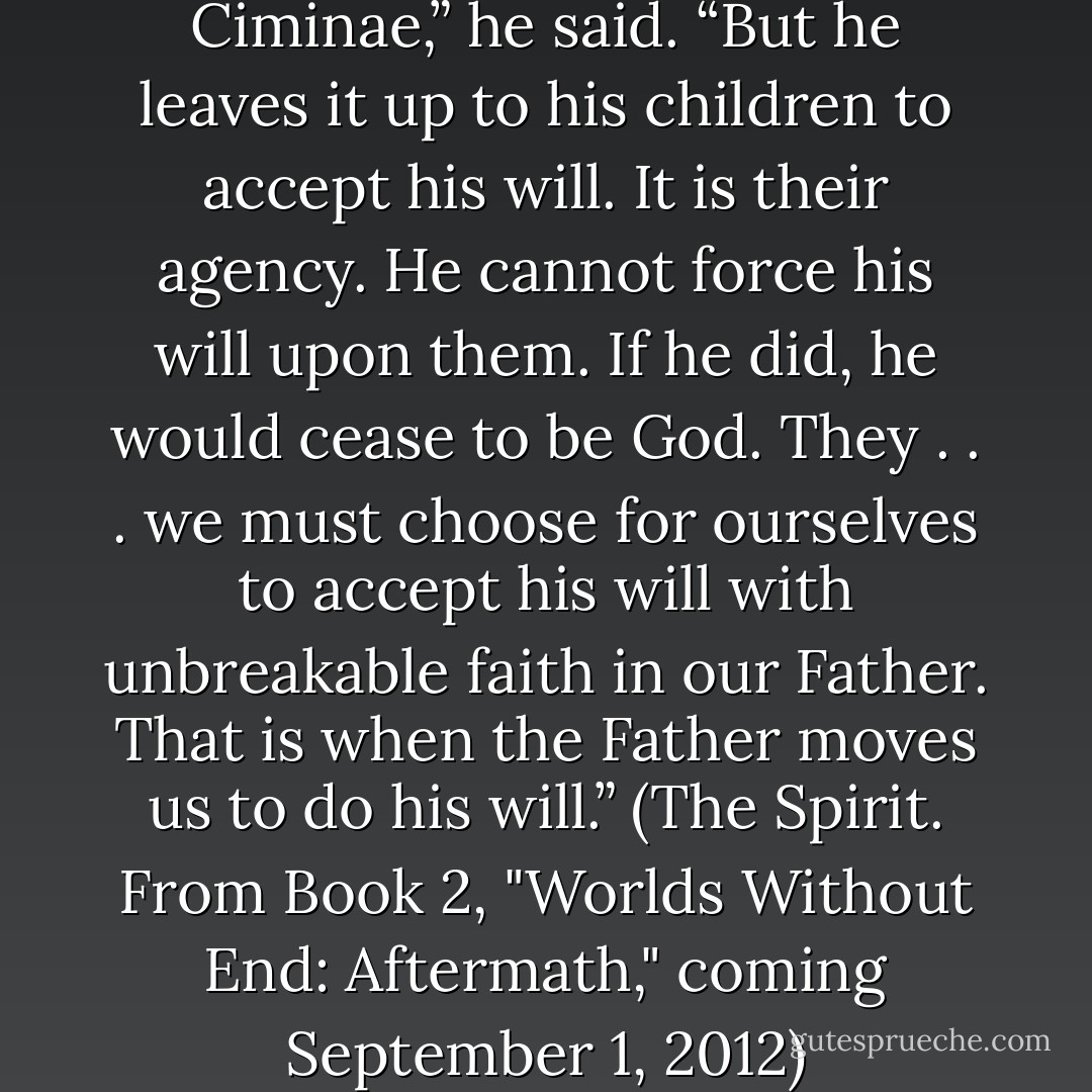 Yes, our Father has a plan, Ciminae,” he said. “But he leaves it up to his children to accept his will. It is their agency. He cannot force his will upon them. If he did, he would cease to be God. They . . . we must choose for ourselves to accept his will with unbreakable faith in our Father. That is when the Father moves us to do his will.” (The Spirit. From Book 2, "Worlds Without End: Aftermath," coming September 1, 2012) - Shaun Messick