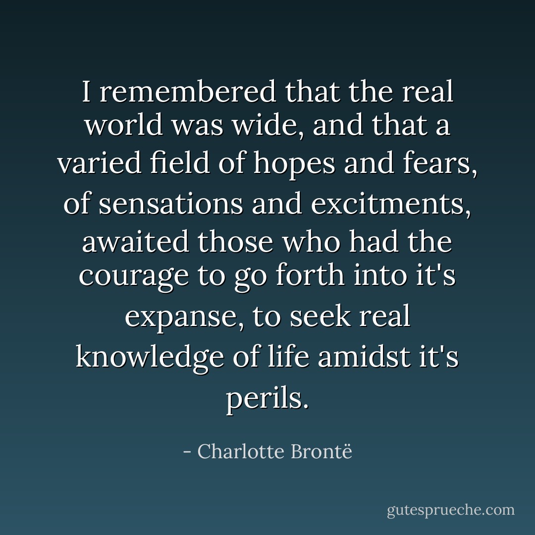 I remembered that the real world was wide, and that a varied field of hopes and fears, of sensations and excitments, awaited those who had the courage to go forth into it's expanse, to seek real knowledge of life amidst it's perils. - Charlotte Brontë