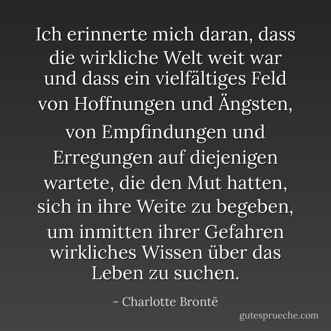 Ich erinnerte mich daran, dass die wirkliche Welt weit war und dass ein vielfältiges Feld von Hoffnungen und Ängsten, von Empfindungen und Erregungen auf diejenigen wartete, die den Mut hatten, sich in ihre Weite zu begeben, um inmitten ihrer Gefahren wirkliches Wissen über das Leben zu suchen. - Charlotte Brontë<