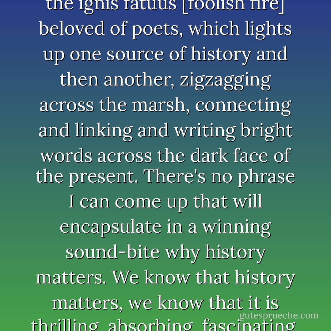 The biggest challenge facing the great teachers and communicators of history is not to teach history itself, nor even the lessons of history, but why history matters. How to ignite the first spark of the will o'the wisp, the Jack o'lantern, the ignis fatuus [foolish fire] beloved of poets, which lights up one source of history and then another, zigzagging across the marsh, connecting and linking and writing bright words across the dark face of the present. There's no phrase I can come up that will encapsulate in a winning sound-bite why history matters. We know that history matters, we know that it is thrilling, absorbing, fascinating, delightful and infuriating, that it is life. Yet I can't help wondering if it's a bit like being a Wagnerite; you just have to get used to the fact that some people are never going to listen. - Stephen Fry