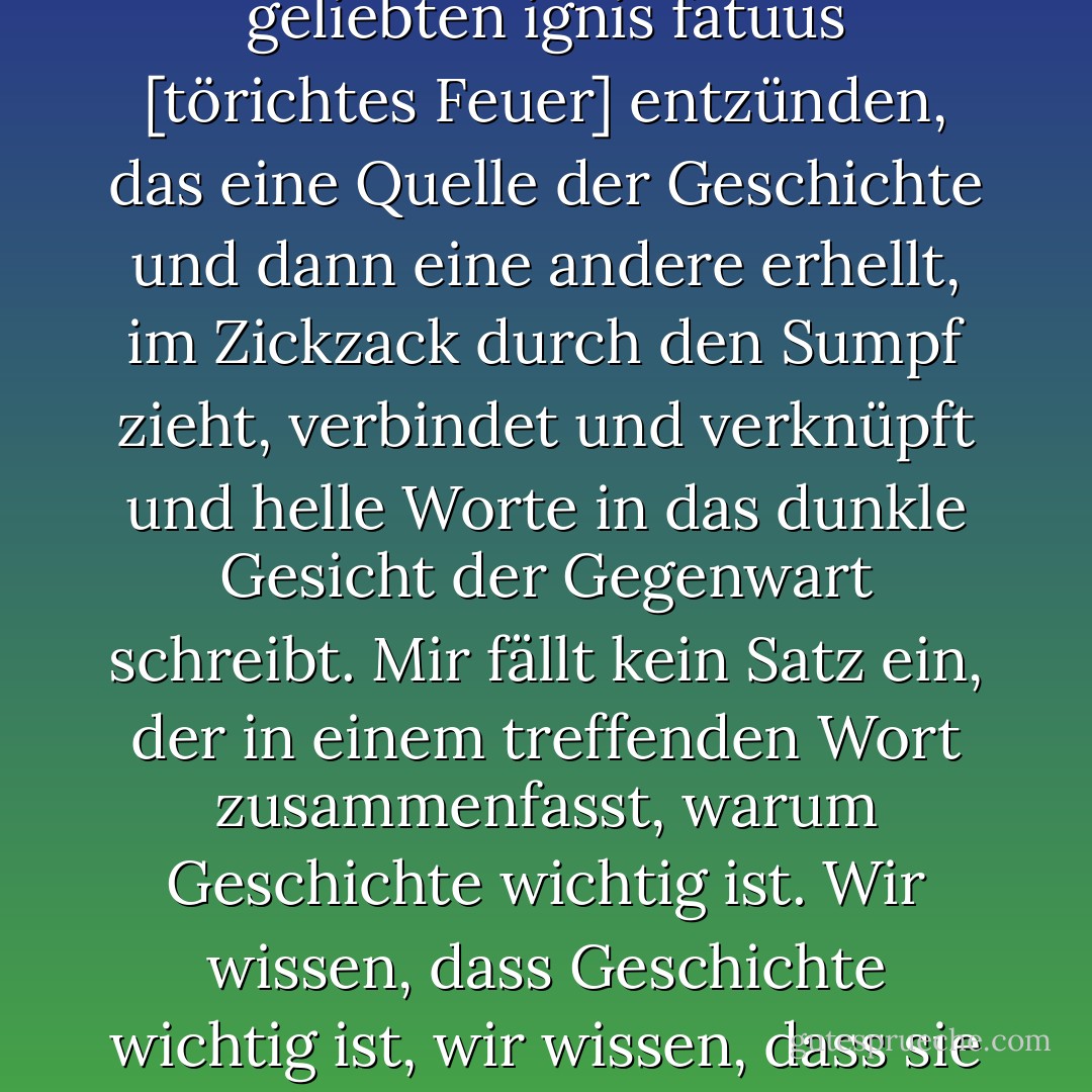Die größte Herausforderung für die großen Geschichtslehrer und -vermittler besteht nicht darin, die Geschichte selbst zu lehren, nicht einmal die Lehren aus der Geschichte, sondern warum Geschichte wichtig ist. Wie kann man den ersten Funken des Irrlichtes, des Jack o'lantern, des von den Dichtern geliebten ignis fatuus [törichtes Feuer] entzünden, das eine Quelle der Geschichte und dann eine andere erhellt, im Zickzack durch den Sumpf zieht, verbindet und verknüpft und helle Worte in das dunkle Gesicht der Gegenwart schreibt. Mir fällt kein Satz ein, der in einem treffenden Wort zusammenfasst, warum Geschichte wichtig ist. Wir wissen, dass Geschichte wichtig ist, wir wissen, dass sie aufregend, fesselnd, faszinierend, reizvoll und ärgerlich ist, dass sie Leben bedeutet. Dennoch kann ich nicht umhin, mich zu fragen, ob es nicht ein bisschen so ist wie bei Wagner: Man muss sich einfach an die Tatsache gewöhnen, dass einige Leute niemals zuhören werden. - Stephen Fry<