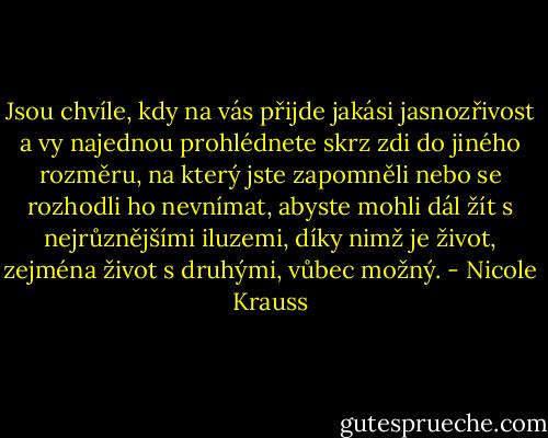 Jsou chvíle, kdy na vás přijde jakási jasnozřivost a vy najednou prohlédnete skrz zdi do jiného rozměru, na který jste zapomněli nebo se rozhodli ho nevnímat, abyste mohli dál žít s nejrůznějšími iluzemi, díky nimž je život, zejména život s druhými, vůbec možný. - Nicole Krauss
