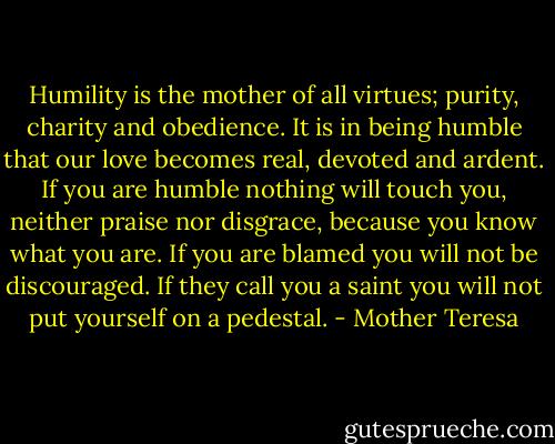 Humility is the mother of all virtues; purity, charity and obedience. It is in being humble that our love becomes real, devoted and ardent. If you are humble nothing will touch you, neither praise nor disgrace, because you know what you are. If you are blamed you will not be discouraged. If they call you a saint you will not put yourself on a pedestal. - Mother Teresa