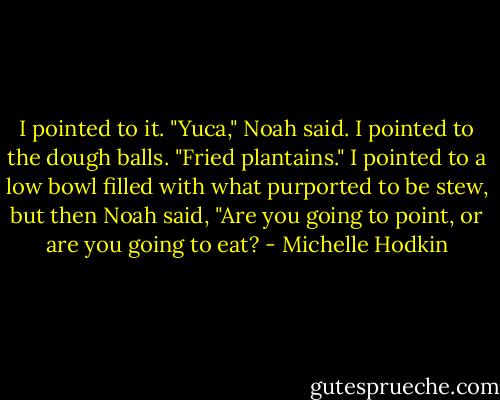 I pointed to it.<br />"Yuca," Noah said.<br />I pointed to the dough balls.<br />"Fried plantains."<br />I pointed to a low bowl filled with what purported to be stew, but then Noah said, "Are you going to point, or are you going to eat? - Michelle Hodkin