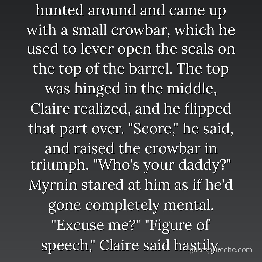 Claire watched as Shane hunted around and came up with a small crowbar, which he used to lever open the seals on the top of the barrel. The top was hinged in the middle, Claire realized, and he flipped that part over. "Score," he said, and raised the crowbar in triumph. "Who's your daddy?"<br />Myrnin stared at him as if he'd gone completely mental. "<i>Excuse me?</i>"<br />"Figure of speech," Claire said hastily. - Rachel Caine