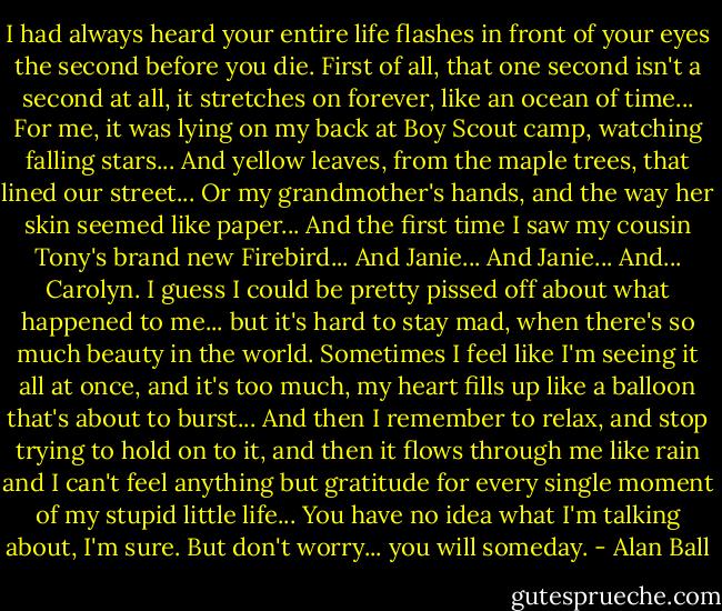 I had always heard your entire life flashes in front of your eyes the second before you die. First of all, that one second isn't a second at all, it stretches on forever, like an ocean of time... For me, it was lying on my back at Boy Scout camp, watching falling stars... And yellow leaves, from the maple trees, that lined our street... Or my grandmother's hands, and the way her skin seemed like paper... And the first time I saw my cousin Tony's brand new Firebird... And Janie... And Janie... And... Carolyn. I guess I could be pretty pissed off about what happened to me... but it's hard to stay mad, when there's so much beauty in the world. Sometimes I feel like I'm seeing it all at once, and it's too much, my heart fills up like a balloon that's about to burst... And then I remember to relax, and stop trying to hold on to it, and then it flows through me like rain and I can't feel anything but gratitude for every single moment of my stupid little life... You have no idea what I'm talking about, I'm sure. But don't worry... you will someday. - Alan Ball