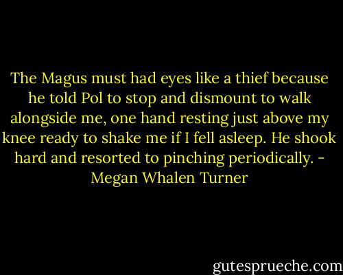 The Magus must had eyes like a thief because he told Pol to stop and dismount to walk alongside me, one hand resting just above my knee ready to shake me if I fell asleep. He shook hard and resorted to pinching periodically. - Megan Whalen Turner