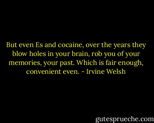 But even Es and cocaine, over the years they blow holes in your brain, rob you of your memories, your past. Which is fair enough, convenient even. - Irvine Welsh