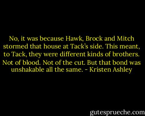 No, it was because Hawk, Brock and Mitch stormed that house at Tack’s side. This meant, to Tack, they were different kinds of brothers. Not of blood. Not of the cut. But that bond was unshakable all the same. - Kristen Ashley