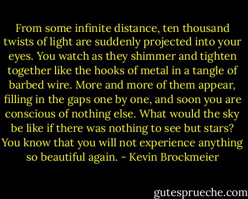 From some infinite distance, ten thousand twists of light are suddenly projected into your eyes. You watch as they shimmer and tighten together like the hooks of metal in a tangle of barbed wire.<br />More and more of them appear, filling in the gaps one by one, and soon you are conscious of nothing else.<br />What would the sky be like if there was nothing to see but stars?<br />You know that you will not experience anything so beautiful again. - Kevin Brockmeier