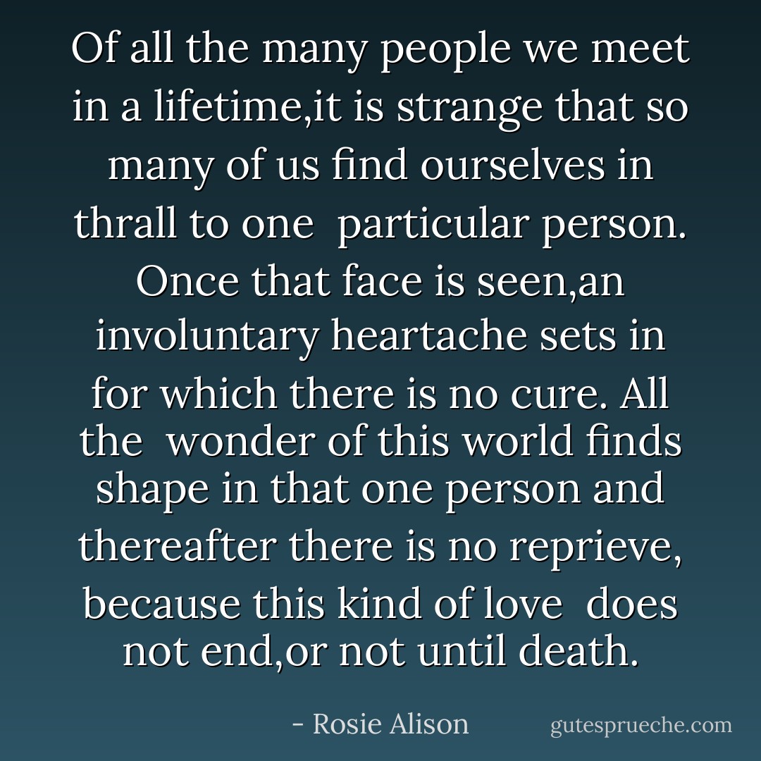 Of all the many people we meet in a lifetime,it is strange that so many of us find ourselves in thrall to one <br />particular person. Once that face is seen,an involuntary heartache sets in for which there is no cure. All the <br />wonder of this world finds shape in that one person and thereafter there is no reprieve, because this kind of love <br />does not end,or not until death. - Rosie Alison