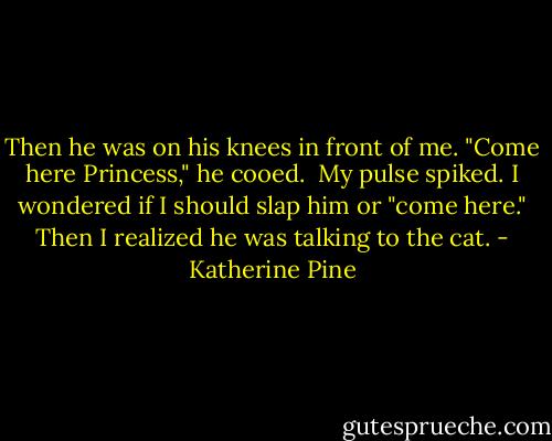 Then he was on his knees in front of me. "Come here Princess," he cooed.<br /><br />My pulse spiked. I wondered if I should slap him or "come here." Then I realized he was talking to the cat. - Katherine Pine