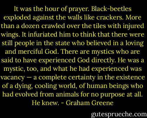 It was the hour of prayer. Black-beetles exploded against the walls like crackers. More than a dozen crawled over the tiles with injured wings. It infuriated him to think that there were still people in the state who believed in a loving and merciful God. There are mystics who are said to have experienced God directly. He was a mystic, too, and what he had experienced was vacancy — a complete certainty in the existence of a dying, cooling world, of human beings who had evolved from animals for no purpose at all. He knew. - Graham Greene