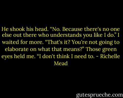 He shook his head. “No. Because there's no one else out there who understands you like I do.”<br />I waited for more. “That's it? You're not going to elaborate on what that means?”<br />Those green eyes held me. “I don't think I need to. - Richelle Mead