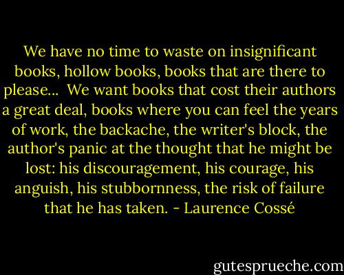 We have no time to waste on insignificant books, hollow books, books that are there to please...<br /><br />We want books that cost their authors a great deal, books where you can feel the years of work, the backache, the writer's block, the author's panic at the thought that he might be lost: his discouragement, his courage, his anguish, his stubbornness, the risk of failure that he has taken. - Laurence Cossé