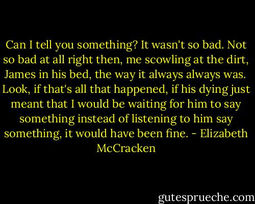 Can I tell you something? It wasn't so bad. Not so bad at all right then, me scowling at the dirt, James in his bed, the way it always always was. Look, if that's all that happened, if his dying just meant that I would be waiting for him to say something instead of listening to him say something, it would have been fine. - Elizabeth McCracken