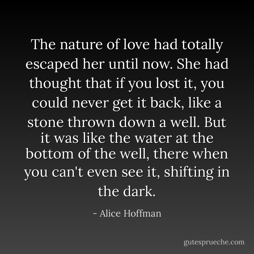 The nature of love had totally escaped her until now. She had thought that if you lost it, you could never get it back, like a stone thrown down a well. But it was like the water at the bottom of the well, there when you can't even see it, shifting in the dark. - Alice Hoffman